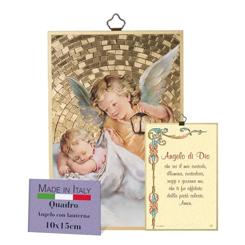 Fratelli Bonella Bild Engel mit Laterne und Gebet Engel Gottes auf Italienisch - Bild aus MDF aus Pappel - Religiöses Bild Schlafzimmer 8 mm x 10 cm x 15 cm Made in Italy von F.LLI BONELLA