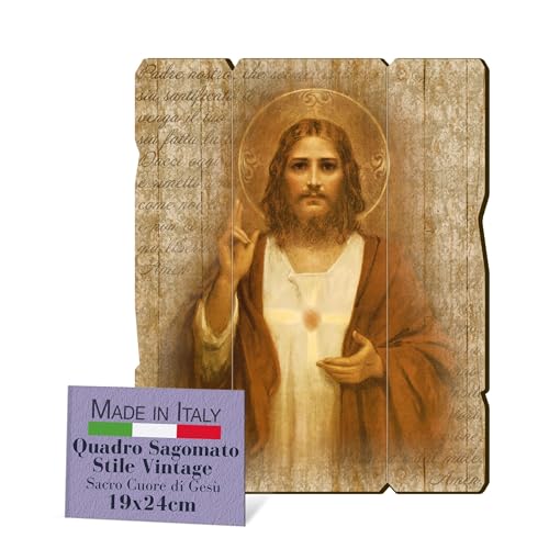 Fratelli Bonella, Bild des Heiligen Herzens Jesu, Vintage geformt, Gemälde aus Pappelholz, Dicke 8 mm, religiöses Bild, Schlafzimmer, 19 x 24 cm, 100 % Made in Italy von F.LLI BONELLA