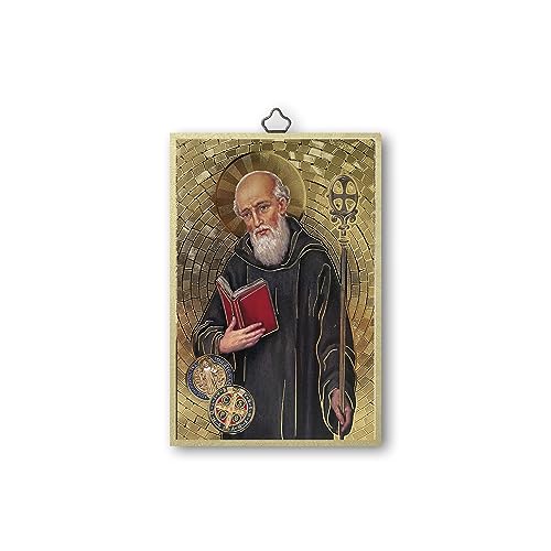 Fratelli Bonella | Heiliges Bild auf 8 mm MDF-Holz aus Pappel mit Mosaik aus Goldfolie des Heiligen Benedikt mit Gebet auf der Rückseite, 10 x 15 cm, hergestellt in Italien von F.LLI BONELLA