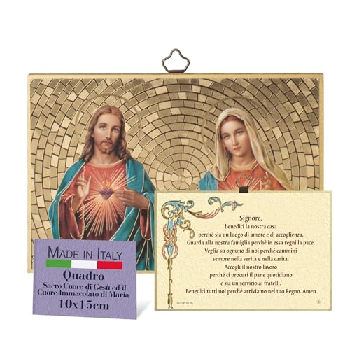 Fratelli Bonella – Bild des Heiligen Herzens Jesu und des Unbefleckten Herzens der Maria und Segen auf Italienisch – Holzbild aus Pappel – Heiliges Bild 8 mm x 10 cm x 15 cm Made in Italy von F.LLI BONELLA