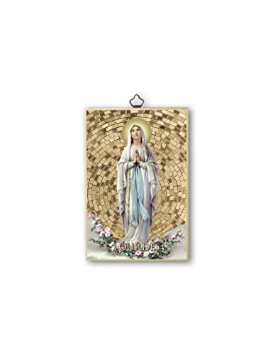 Fratelli Bonella | Heiliges Bild auf MDF Pappelholz 8 mm mit Mosaik aus Goldfolie der Madonna von Lourdes mit Gebetskette auf der Rückseite 10 x 15 cm | Made in Italy von F.LLI BONELLA
