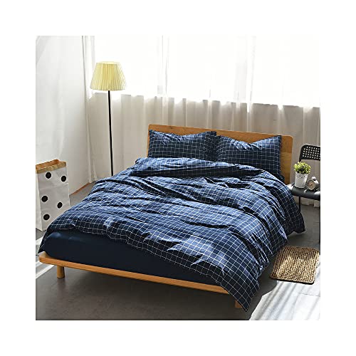 F.Y.Dreams Bettbezug für gewichtete Decke aus 100 % gewaschener Baumwolle, 152,4 x 203,2 cm, mit 8 Bändern, Reißverschluss an der langen Seite, marineblaues Gittermuster, nur Bettbezug von F.Y.Dreams