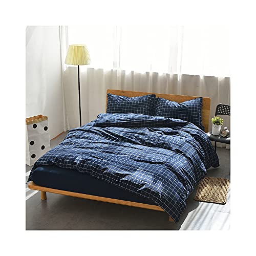 F.Y.Dreams Bettbezug aus 100 % gewaschener Baumwolle, für gewichtete Decke, mit 8 Bändern, Reißverschluss an der langen Seite, marineblaues Gittermuster, nur Bettbezug, 152,4 x 203,2 cm von F.Y.Dreams