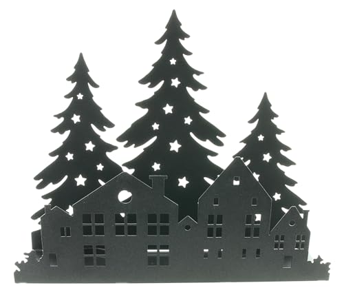 Teelichthalter Häuser im Wald, Metall, Mattschwarz Maße: 30 x 8 x 25 cm, passend für 2 Teelichter, ohne Teelichter von F1885