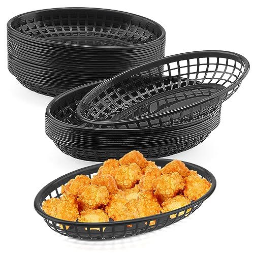 FAAING 40 Stück Retro Stil Fast Food Korb Schwarz, 22,5x14x4cm Kunststoff Fast Food Körbe Oval, Brotkorb Lebensmittelkörbe Körbchen Klein Servierkörbchen für Pommes, Burger, Deli, Sandwiches von FAAING