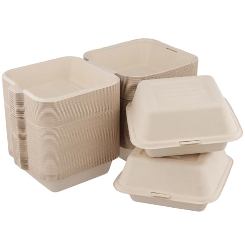 FAAING 75 Stück Einweg Burgerboxen Pappe, 155x155x77mm Hamburgerbox mit Klappdeckel, Einweggeschirr Zuckerrohr, Pommes Box To Go Foodbox aus Bagasse Take Away Box für Burger Verpackung von FAAING