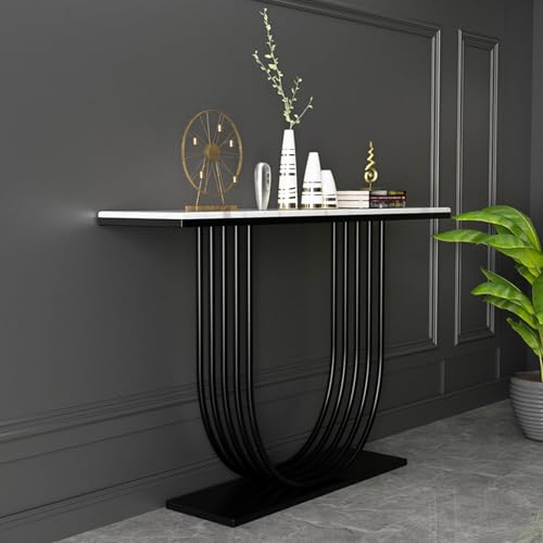 FAANAS Moderner Konsolentisch in Marmoroptik, Glamouröser Flurtisch mit U-Förmigem Untergestell, Schmaler Sofatisch als Akzentmöbel für Flur, Wohnzimmer, Diele(39 Inch, Black) von FAANAS