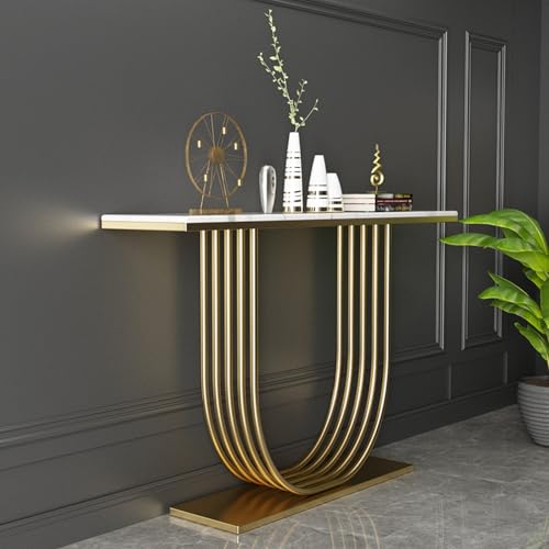 FAANAS Moderner Konsolentisch in Marmoroptik, Glamouröser Flurtisch mit U-Förmigem Untergestell, Schmaler Sofatisch als Akzentmöbel für Flur, Wohnzimmer, Diele(39 Inch, Gold) von FAANAS