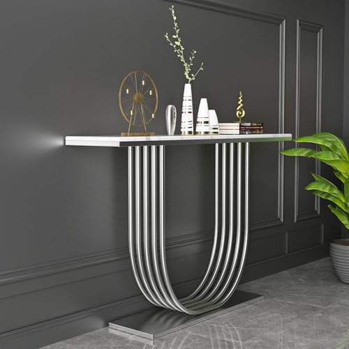 FAANAS Moderner Konsolentisch in Marmoroptik, Glamouröser Flurtisch mit U-Förmigem Untergestell, Schmaler Sofatisch als Akzentmöbel für Flur, Wohnzimmer, Diele(39 Inch, Silver) von FAANAS