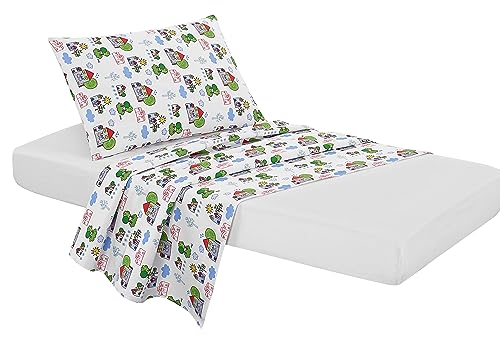 Fabe Bettwäsche-Set für Baby, Baumwolle, Design Spannbetttuch, 60 x 125 cm, Bettlaken 122 x 152 cm, Kissenbezug 60 x 46 cm, Farbe Weiß mit bunten Häusern von Fabe