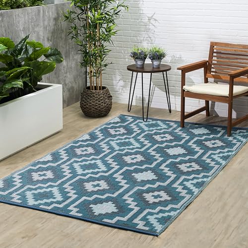 FAB HAB Outdoor-Teppich - wetterfest, farbecht, wendbar - recycelter Premium-Kunststoff - gestreift - Terrasse, Balkon, Garten - Kunststoffteppich Lhasa - Teal, 90x150 cm von FAB HAB