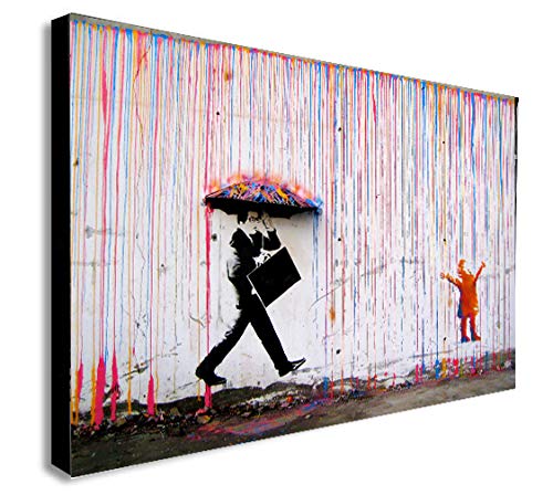 Banksy Farbige Regen – Leinwand Wand Art Gerahmter Leinwanddruck verschiedene Größen, A2 24x16 inches von FAB