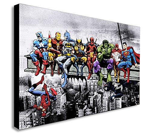 Marvel DC Comic Super Heroes Lunch Wolkenkratzer Leinwand gerahmt Wall Art - verschiedene Größen, schwarz / weiß, A0 47x33 inch von FAB