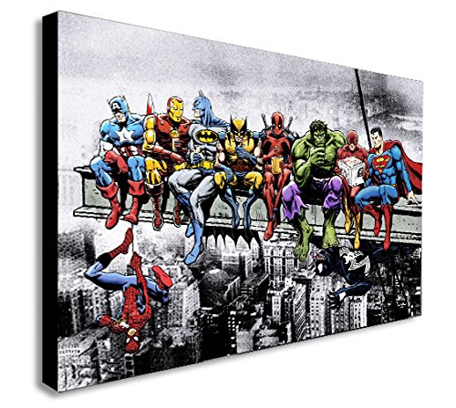 Marvel DC Comic Super Heroes Lunch Wolkenkratzer Leinwand gerahmt Wall Art – verschiedene Größen, schwarz / weiß, A4 12x8 inch von FAB