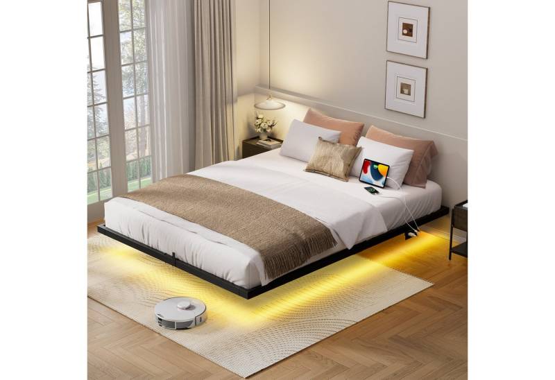 FABATO Bettgestell Modernes Metallbettgestell mit LED-Beleuchtung und USB-Ladestation, ohne Bettrost, integrierte Steckdosen, schwarz von FABATO