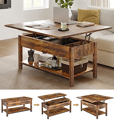 FABATO Lift Top Couchtisch, 4-in-1 Multifunktions-Couchtisch mit Stauraum, Couchtisch verwandelt sich in Esstisch für Wohnzimmer, Empfangsraum, Büro, rustikales Braun von FABATO