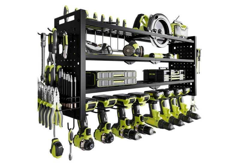 FABATO Werkzeughalter Regal für Werkzeug, 4-Ebenen Werkzeug-Wandhalterung mit 8 Akku-Haltern, mit 3 festen und 1 verstellbaren Ebenen, einfach zu montieren von FABATO