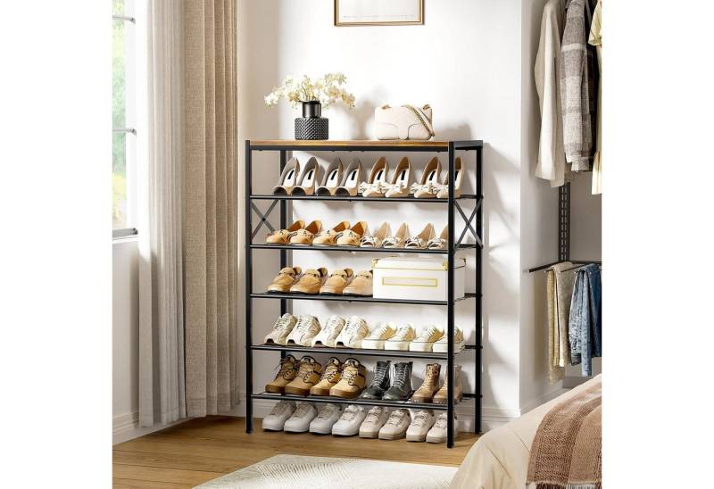FABATO Schuhregal Metall-Schuhregal mit Holz-Ablageplatte, für 18-24 Paar Schuhe, braun von FABATO
