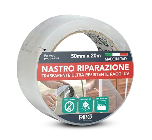 Fabo Transparentes Reparaturband, 20 m x 50 mm, ideal für Kunststoff, PVC, Glas, Plexiglas, Moskitonetücher, Tücher, Scheinwerfer, Windschutzscheibe. UV-beständig von FABO Tape Solutions