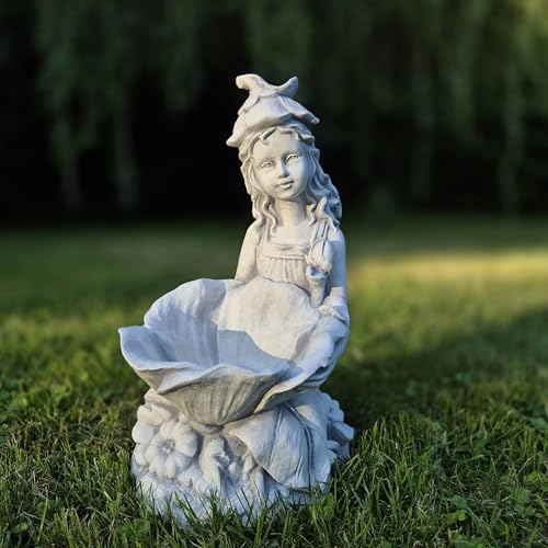 FABRIQ Gartenelfe mit Blumentopf, Steinfigur, Handgeschnitzte Figur mit Einer Höhe von 36 cm, Ideal als Blumentopf oder Vogeltränke Steinguss, Einzigartige Garten deko,Ration, skulptur deko von FABRIQ