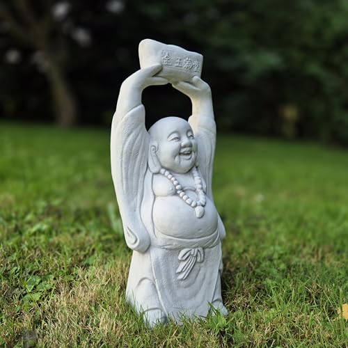 FABRIQ Joyful Buddha Figur aus Kunststein, für draußen, Zen, grau, wetterfest, massiv H: 41cm Gewicht: 8kg von FABRIQ