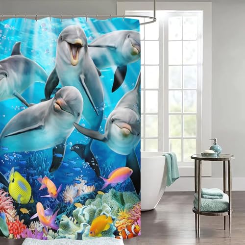 FABTOP Delphin Duschvorhang 180x200 120x200cm, Wasserfeste 3D Ozean-Thema Delphin Duschvorhänge Blau Delphin Shower Curtains Antischimmel Textil (1,120 x 200 cm) von FABTOP