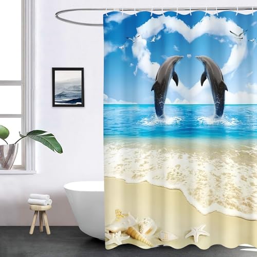 FABTOP Delphin Duschvorhang 180x200 120x200cm, Wasserfeste 3D Ozean-Thema Delphin Duschvorhänge Blau Delphin Shower Curtains Antischimmel Textil (6,180 x 200 cm) von FABTOP