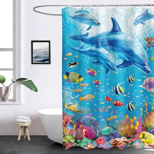FABTOP Delphin Duschvorhang 180x200 120x200cm, Wasserfeste 3D Ozean-Thema Delphin Duschvorhänge Blau Delphin Shower Curtains Antischimmel Textil (7,180 x 200 cm) von FABTOP
