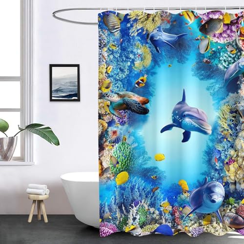 FABTOP Delphin Duschvorhang 180x200 120x200cm, Wasserfeste 3D Ozean-Thema Delphin Duschvorhänge Blau Delphin Shower Curtains Antischimmel Textil (8,120 x 200 cm) von FABTOP