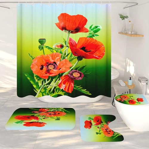 FABTOP Duschvorhang Blumen Rote Mohnblumen Duschvorhänge 180x200 cm Floraler Duschvorhang Mit Mohnblumen-Motiv, Blumen Rote Mohnblumen Duschvorhang Für Badezimmer (5,180 x 200 cm) von FABTOP