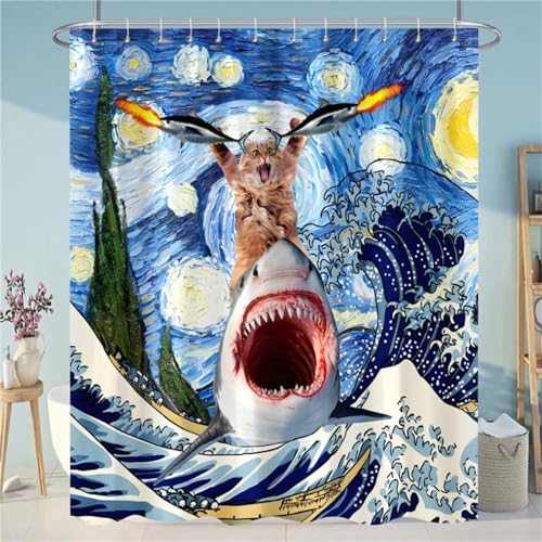 FABTOP Duschvorhang Lustig 180x180 cm, Coole Katze Reitet Hai Duschvorhänge 3D Hai Fisch Bad Vorhang, Meeresmotiv Haifischwal Shower Curtains Wasserdicht (1,200 x 240 cm) von FABTOP