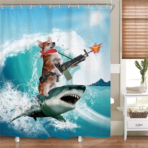 FABTOP Duschvorhang Lustig 180x180 cm, Coole Katze Reitet Hai Duschvorhänge 3D Hai Fisch Bad Vorhang, Meeresmotiv Haifischwal Shower Curtains Wasserdicht (2,180 x 180 cm) von FABTOP