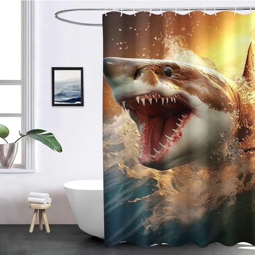FABTOP Duschvorhang Lustig 180x180 cm, Coole Katze Reitet Hai Duschvorhänge 3D Hai Fisch Bad Vorhang, Meeresmotiv Haifischwal Shower Curtains Wasserdicht (6,120 x 200 cm) von FABTOP