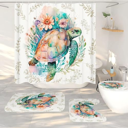 FABTOP Duschvorhang Meeresschildkröte Koralle Nautische Ozean 180x180 cm Duschvorhänge Schildkröte Meeresorganismus Oktopus Koralle Shower Curtains (6,180 x 200 cm) von FABTOP