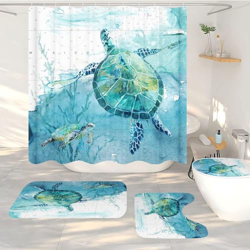 FABTOP Duschvorhang Meeresschildkröte Koralle Nautische Ozean 180x180 cm Duschvorhänge Schildkröte Meeresorganismus Oktopus Koralle Shower Curtains (9,120 x 200 cm) von FABTOP