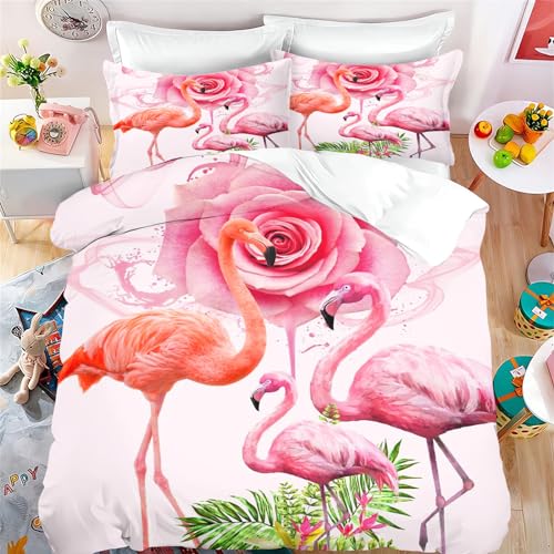 FABTOP Flamingo Bettwäsche 135x200 Rosa Flamingo Bettbezug Süßes Tier Blumen Flamingo Bettwäsche-Set Flamingo Dekor Bettbezug Set Mädchen Tropisch Rosa Flamingo (3,135x 200 cm) von FABTOP