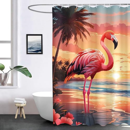 FABTOP Flamingo Duschvorhang 180x180, Flamingo Duschvorhänge Pink 180x200 Textil 120x200 Rosa Flamingo Tropische Blätter Duschvorhänge Flamingo Shower Curtains (1,120 x 200 cm) von FABTOP