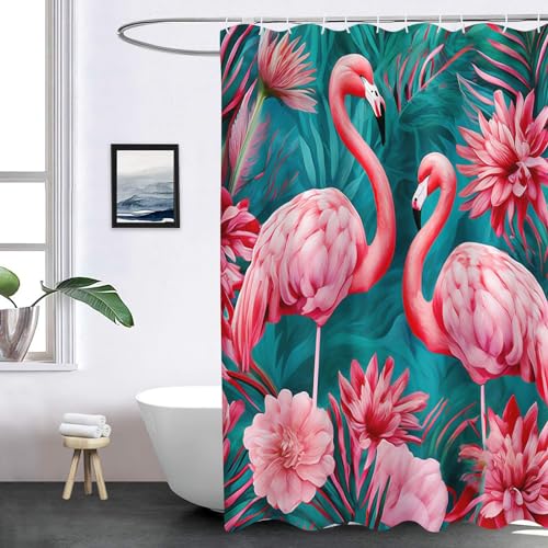 FABTOP Flamingo Duschvorhang 180x180, Flamingo Duschvorhänge Pink 180x200 Textil 120x200 Rosa Flamingo Tropische Blätter Duschvorhänge Flamingo Shower Curtains (2,180 x 200 cm) von FABTOP