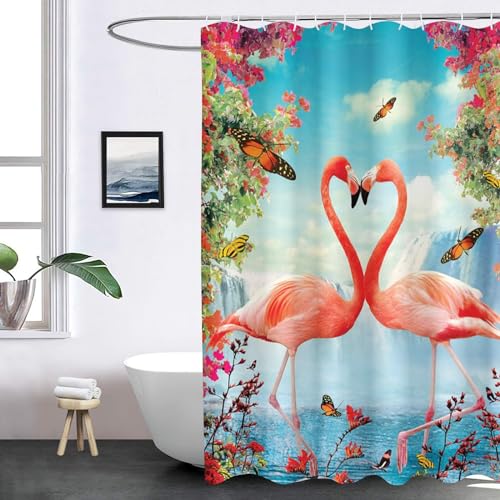 FABTOP Flamingo Duschvorhang 180x180, Flamingo Duschvorhänge Pink 180x200 Textil 120x200 Rosa Flamingo Tropische Blätter Duschvorhänge Flamingo Shower Curtains (7,120 x 200 cm) von FABTOP