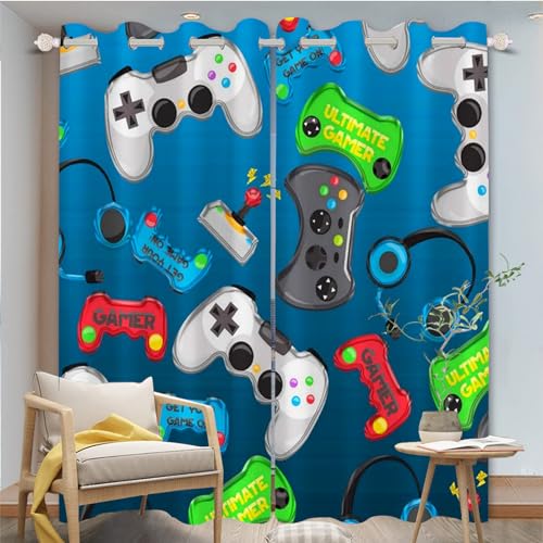 FABTOP Gamepad Vorhänge Gamer Fenstervorhang Gaming Schlafzimmer Gamer Videospiele Vorhang Gamepad Verdunkelungsvorhang Gamepad Kinder Blickdichte Vorhänge (2,150×166BxH (75×166cm×2)) von FABTOP