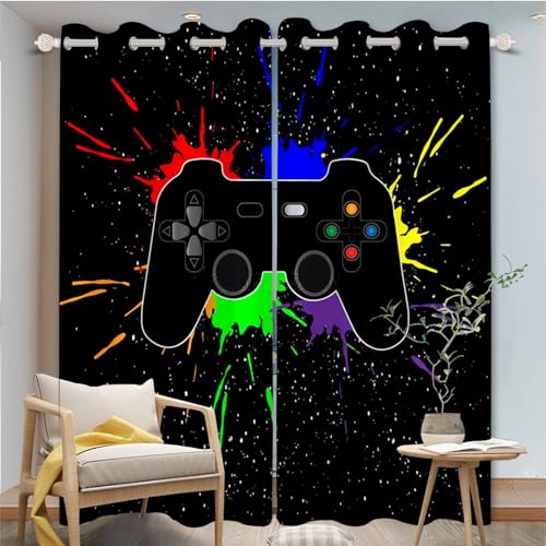 FABTOP Gamepad Vorhänge Gamer Fenstervorhang Gaming Schlafzimmer Gamer Videospiele Vorhang Gamepad Verdunkelungsvorhang Gamepad Kinder Blickdichte Vorhänge (6,100×140BxH (50×140cm×2)) von FABTOP