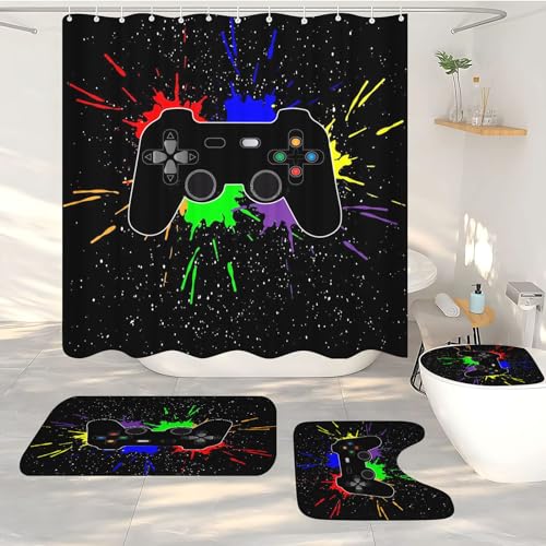 FABTOP Gaming Controller Duschvorhang, Gaming-Duschvorhang-Set Gaming Duschvorhang 180x200 Gamer GamingTextil Duschvorhänge Badezimmerteppich 4-teiliges Set (1,120 x 200 cm) von FABTOP