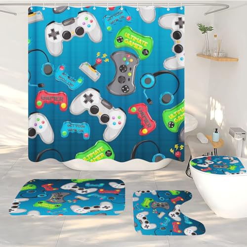 FABTOP Gaming Controller Duschvorhang, Gaming-Duschvorhang-Set Gaming Duschvorhang 180x200 Gamer GamingTextil Duschvorhänge Badezimmerteppich 4-teiliges Set (3,120 x 200 cm) von FABTOP