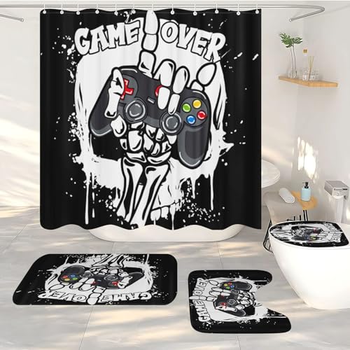 FABTOP Gaming Controller Duschvorhang, Gaming-Duschvorhang-Set Gaming Duschvorhang 180x200 Gamer GamingTextil Duschvorhänge Badezimmerteppich 4-teiliges Set (4,200 x 200 cm) von FABTOP
