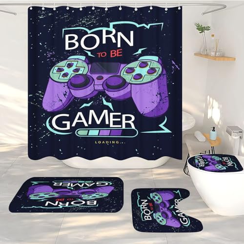 FABTOP Gaming Controller Duschvorhang, Gaming-Duschvorhang-Set Gaming Duschvorhang 180x200 Gamer GamingTextil Duschvorhänge Badezimmerteppich 4-teiliges Set (5,180 x 180 cm) von FABTOP