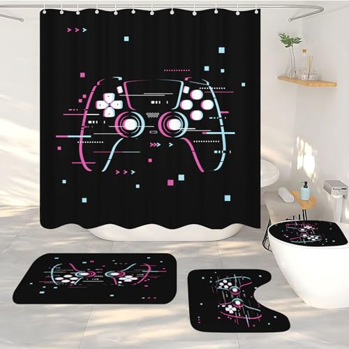 FABTOP Gaming Controller Duschvorhang, Gaming-Duschvorhang-Set Gaming Duschvorhang 180x200 Gamer GamingTextil Duschvorhänge Badezimmerteppich 4-teiliges Set (7,180 x 200 cm) von FABTOP