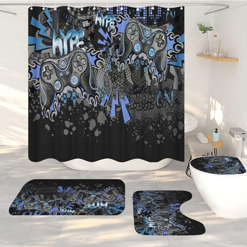 FABTOP Gaming Controller Duschvorhang, Gaming-Duschvorhang-Set Gaming Duschvorhang 180x200 Gamer GamingTextil Duschvorhänge Badezimmerteppich 4-teiliges Set (8,120 x 200 cm) von FABTOP