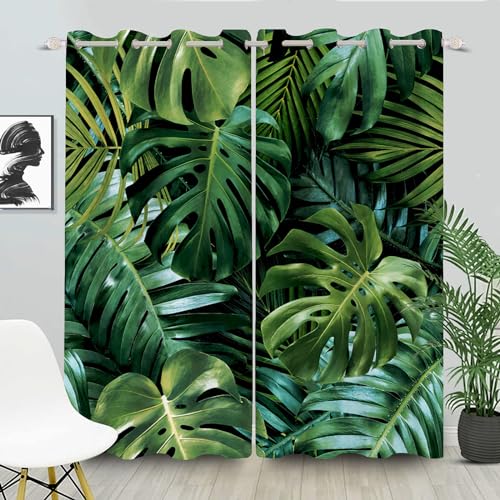 FABTOP Gardinen Blickdichter Grüne Palmblätter, Tropische Blätter Vorhänge Grüne Palmblatt Ösen Gardinen, Grüne Tropische Pflanze Muster Monstera Vorhänge (4,100×140BxH (50×140cm×2)) von FABTOP