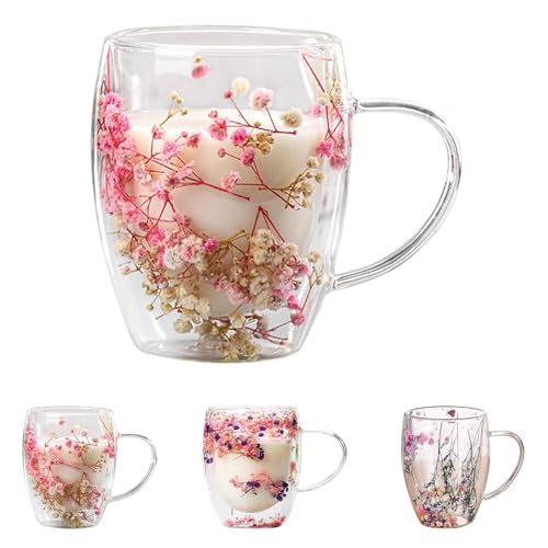 FABTOP Getrocknete Blumen Doppelwandige Gläser,Kaffeetassen Glas, Doppelwandige Isolierte Glasbecher Mit Getrockneten Blumen, Glas-Kaffeetassen Mit Griff (B) von FABTOP