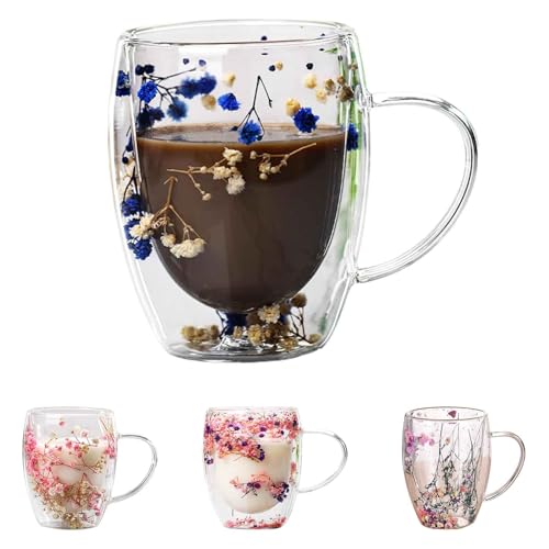 FABTOP Getrocknete Blumen Doppelwandige Gläser,Kaffeetassen Glas, Doppelwandige Isolierte Glasbecher Mit Getrockneten Blumen, Glas-Kaffeetassen Mit Griff (C) von FABTOP